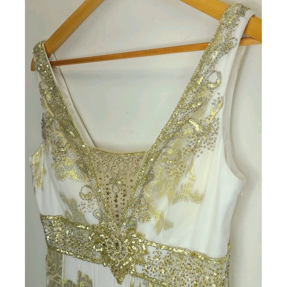 Sue Wong Nocturne Silk Gold Foil Embellished Cocktail Dress Sz 12 Beaded Prom - Picture 3 of 11